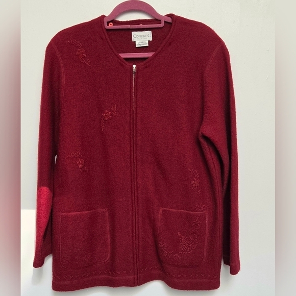 Vintage Sweaters - Vintage Conrad C 100% Wool Deep Red Full Zip Pocket Open Hand Beaded Cardigan